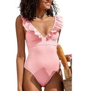 Ruffled plunge tie back one piece swim suit.